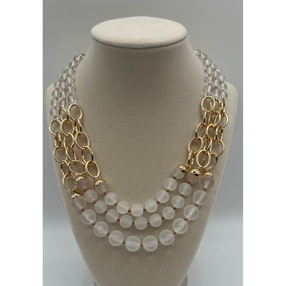 Gold Tone Triple Strand Statement Necklace Frosted Clear Beads Layered Chain